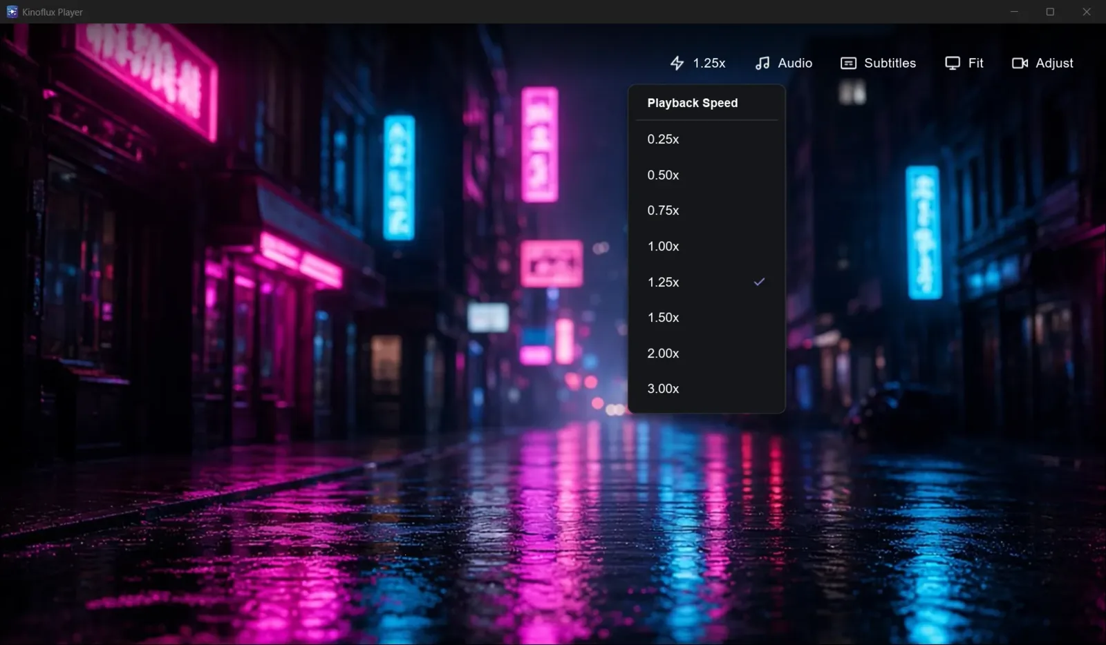 KinoFlux Player playback speed controls open over the video.