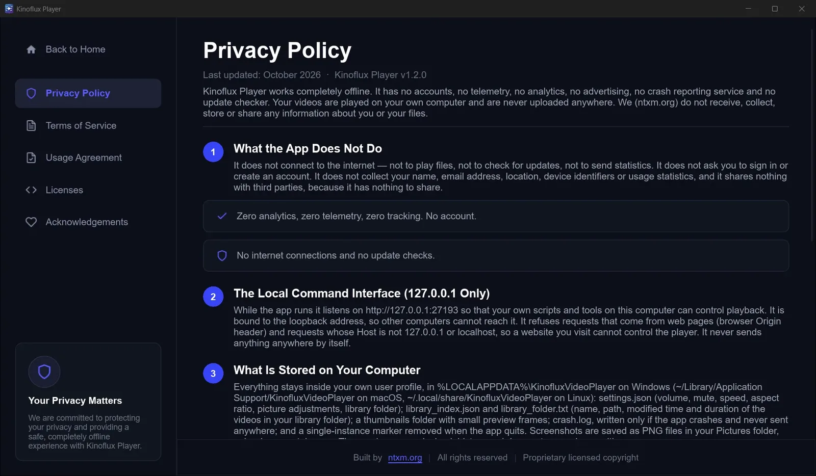KinoFlux Player privacy view confirming local-only use with no account and no telemetry for watching.