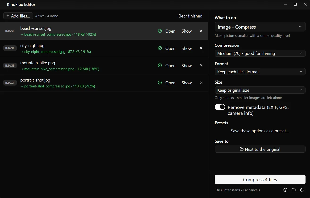 The file list after compressing: four _compressed files with their new sizes.