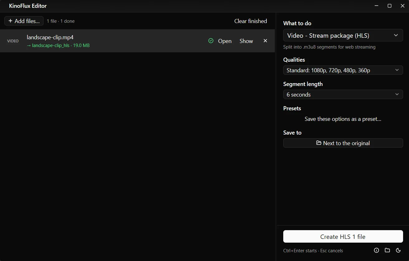 The file list after the run: the result folder landscape-clip_hls next to the original video.