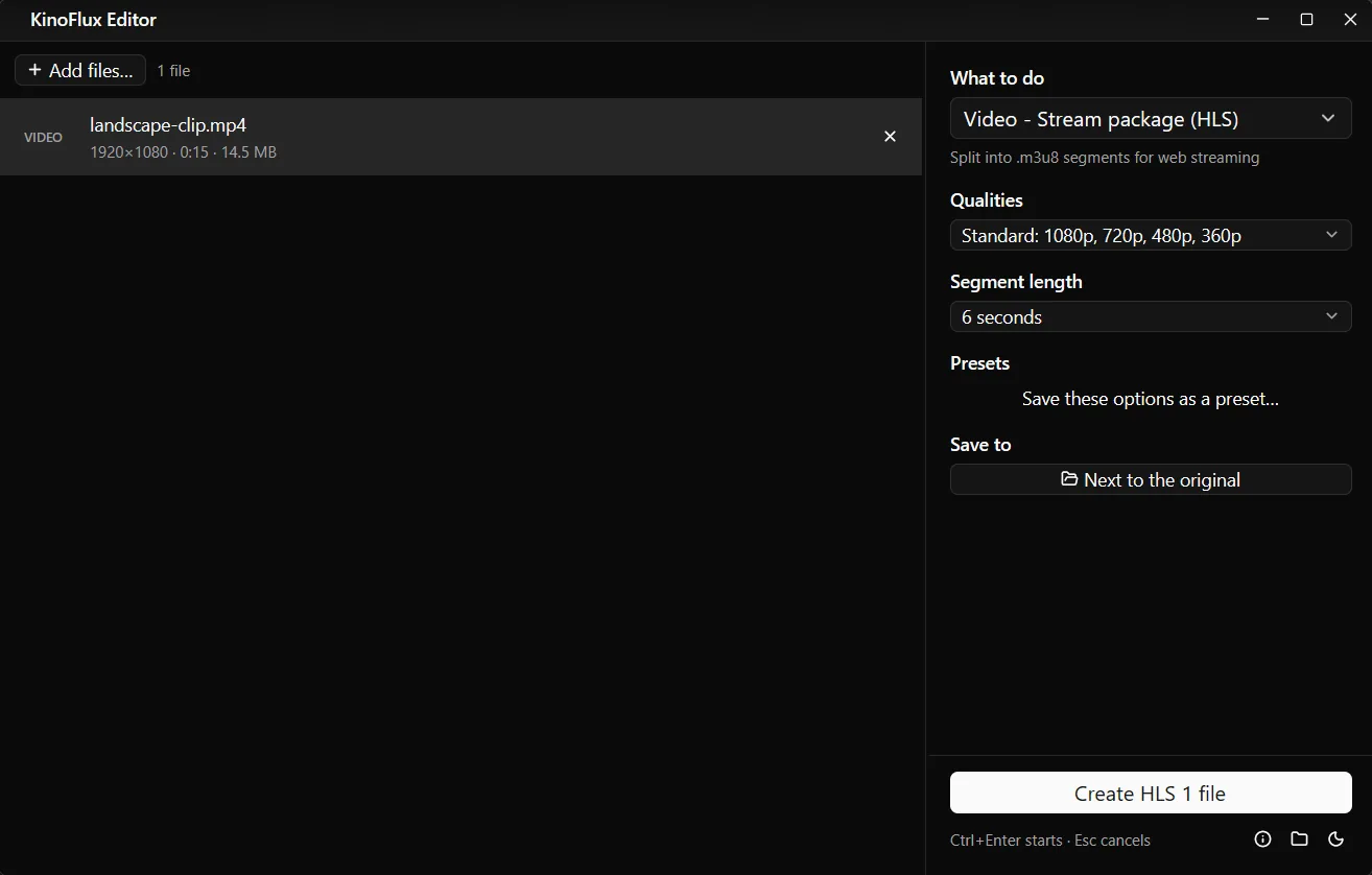 Video - Stream package (HLS) with Qualities set to Standard 1080p, 720p, 480p, 360p and Segment length 6 seconds.