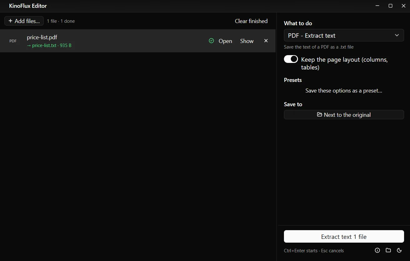 PDF - Extract text after the run: price-list.txt next to price-list.pdf.