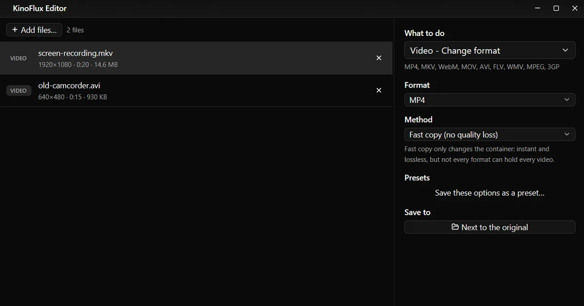 Convert MKV, MOV, AVI or WebM to MP4 on your computer