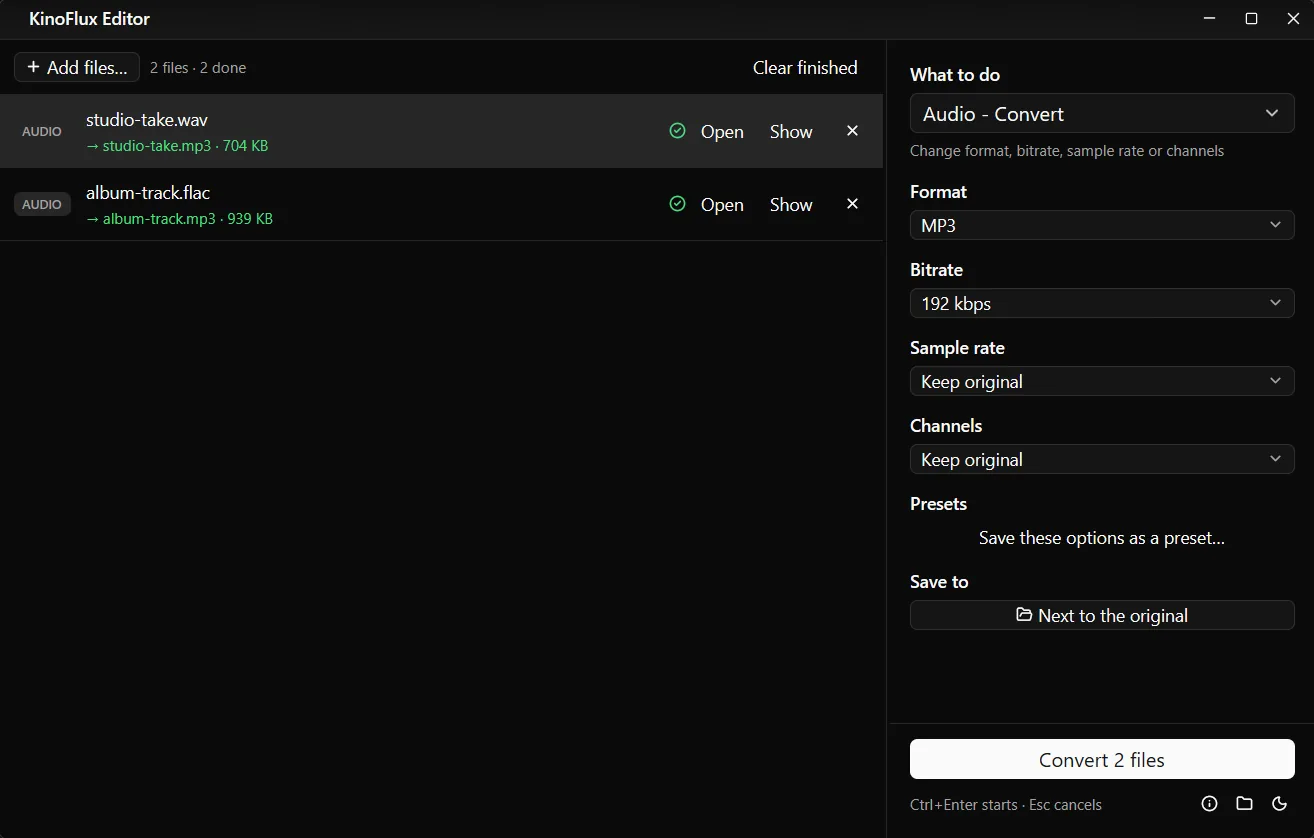 The file list after converting: studio-take.mp3 and album-track.mp3 with their new sizes.