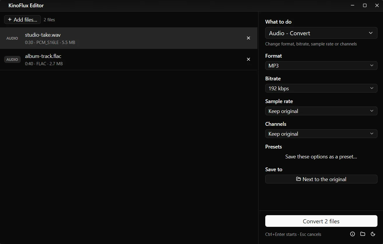 Audio - Convert with studio-take.wav and album-track.flac in the list, Format MP3, Bitrate 192 kbps, Sample rate and Channels on Keep original.