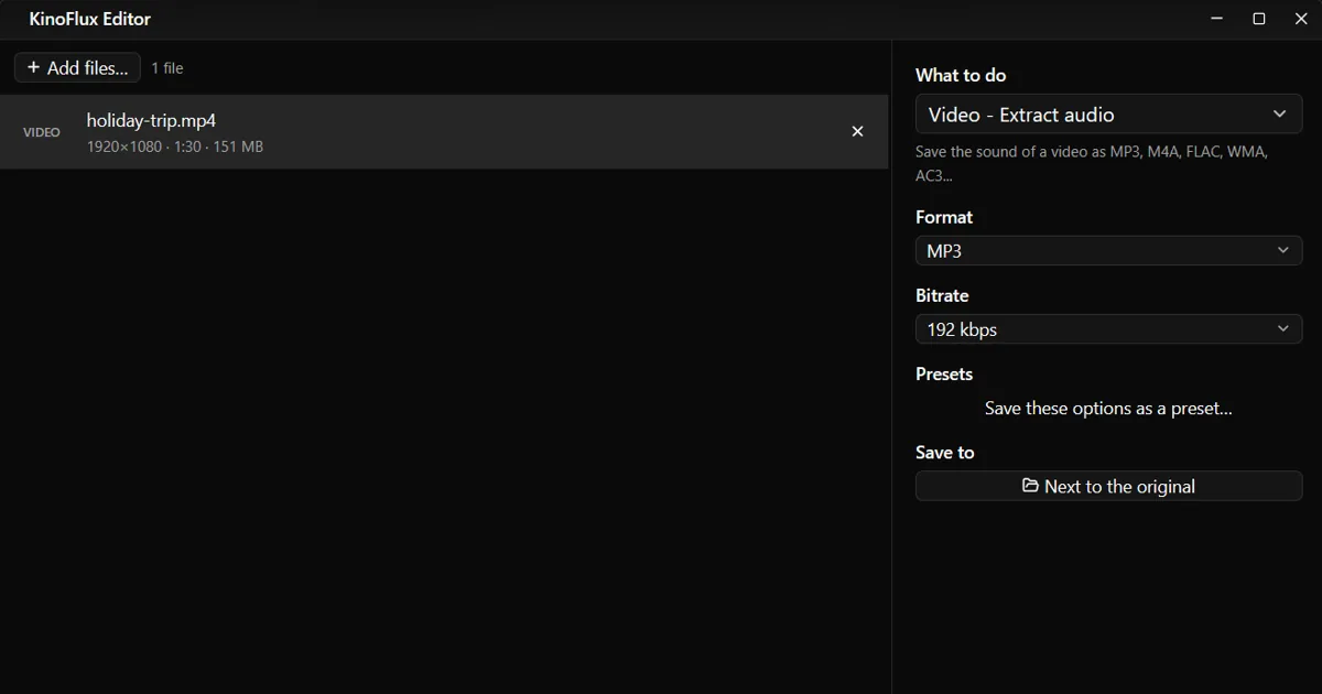Extract the audio from a video as MP3, FLAC or another format