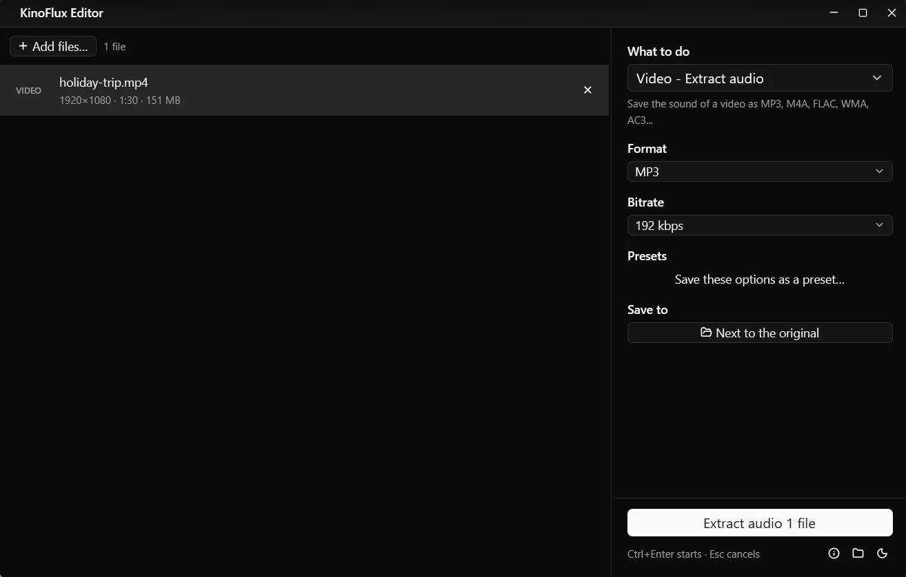 The Video - Extract audio panel with Format set to MP3 and Bitrate set to 192 kbps. The file list shows holiday-trip.mp4.