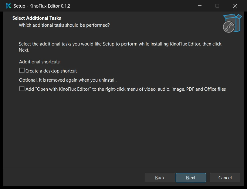 The additional tasks page of the setup wizard, with two unchecked options: a desktop shortcut and adding Open with KinoFlux Editor to the right-click menu.