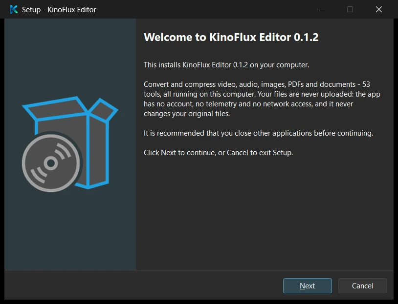 The welcome page of the KinoFlux Editor setup wizard on Windows.