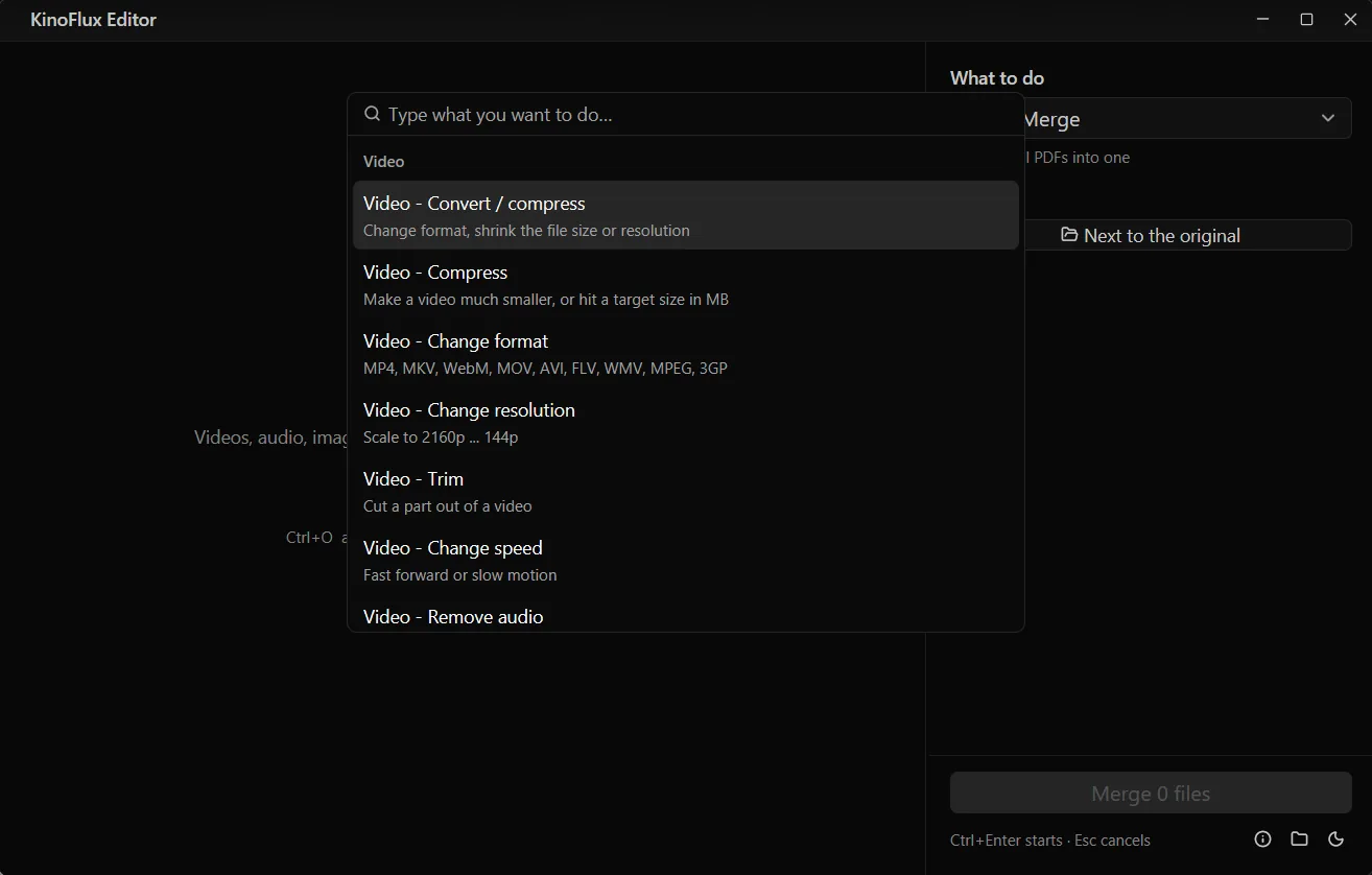 The Ctrl+K action picker open over the main window, showing the Video tools with a short description under each name.