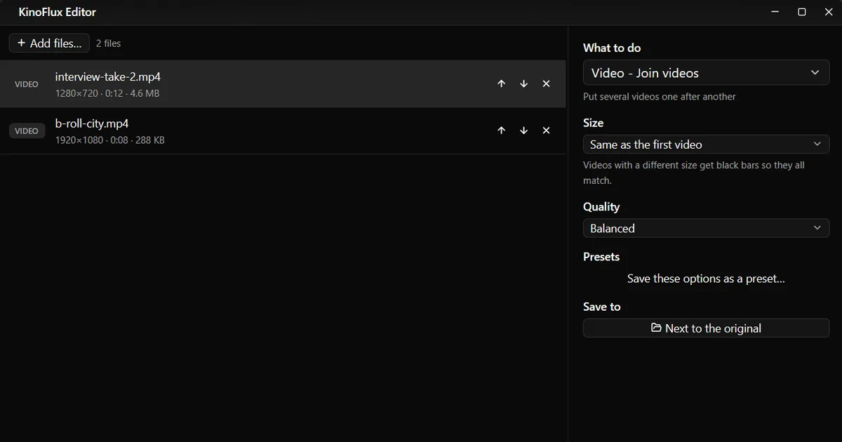Join several videos into one file, even if they differ in size