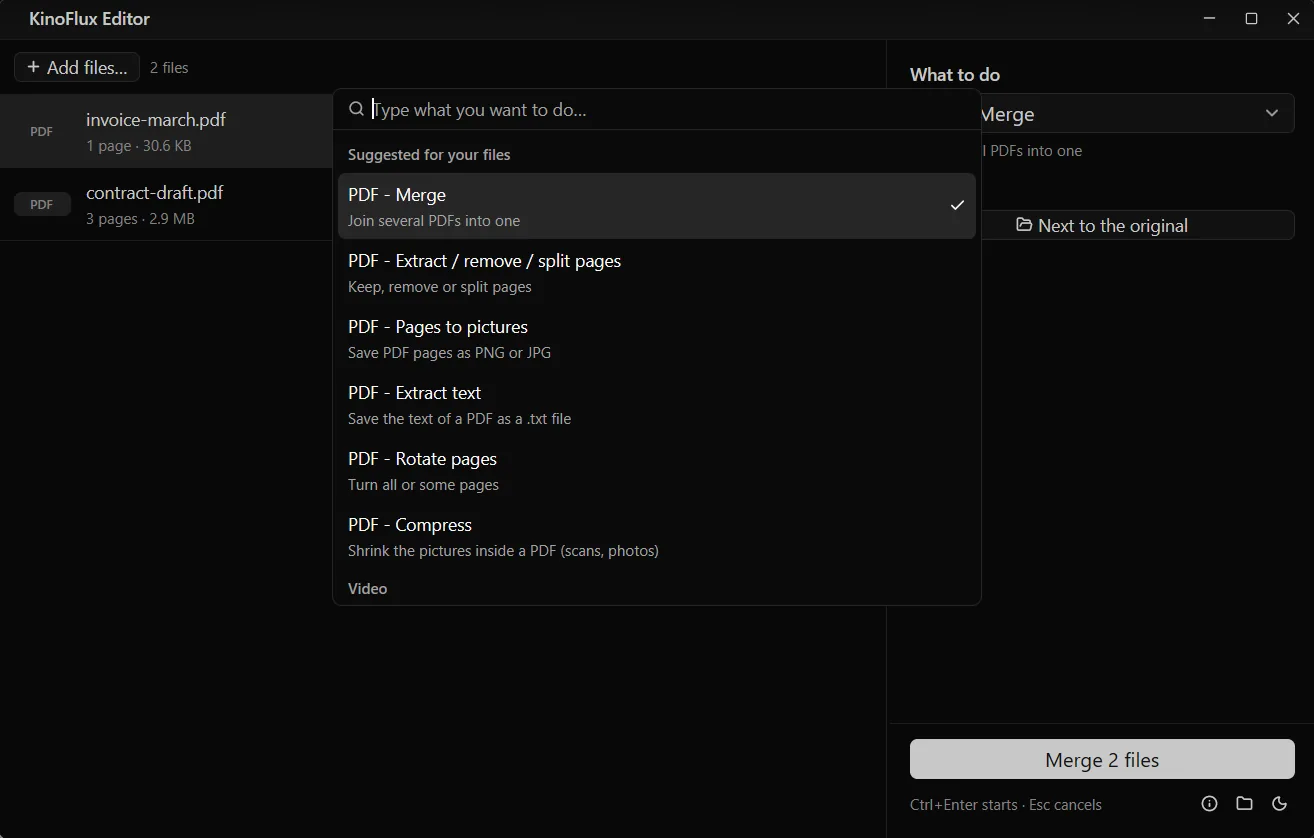 The action picker open with two PDF files loaded. The suggested tools are PDF - Merge, Extract / remove / split pages, Pages to pictures, Extract text, Rotate pages and Compress.