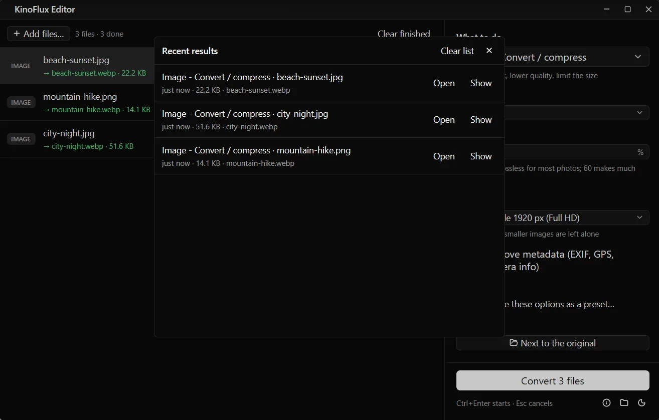 The Recent results window listing three Image - Convert / compress jobs, each with Open and Show links.