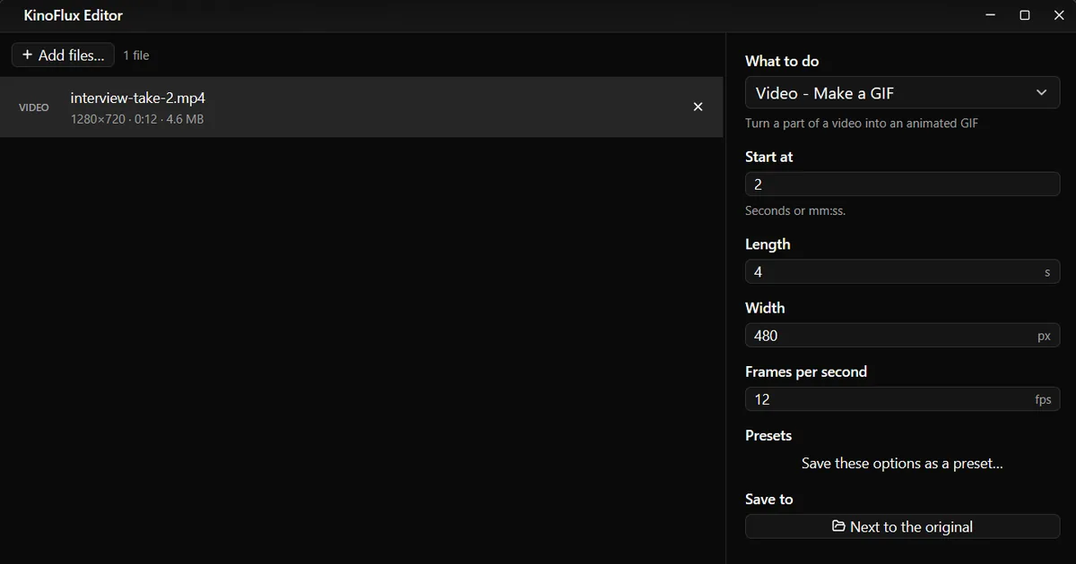 Make a GIF from a video, or save one frame as a picture