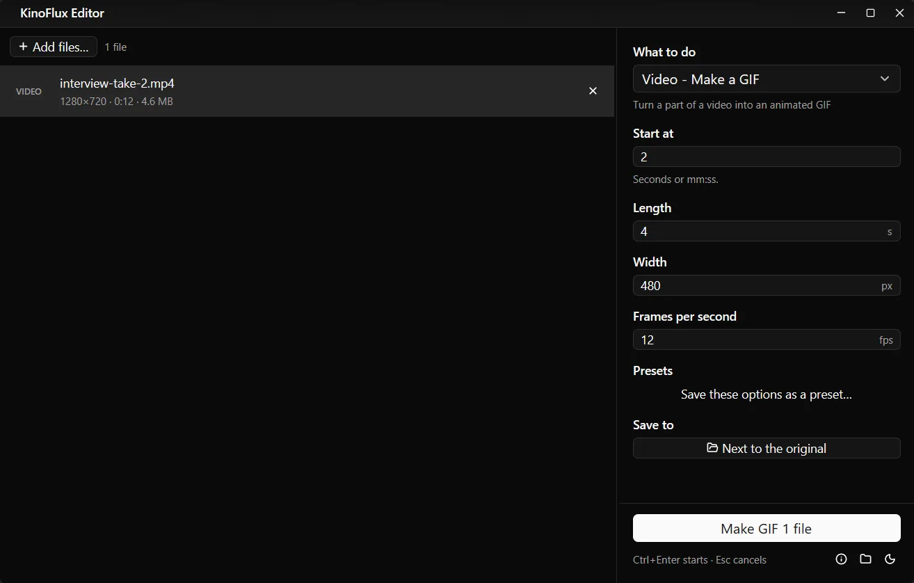 Video - Make a GIF with Start at 2, Length 4 seconds, Width 480 pixels and 12 frames per second.