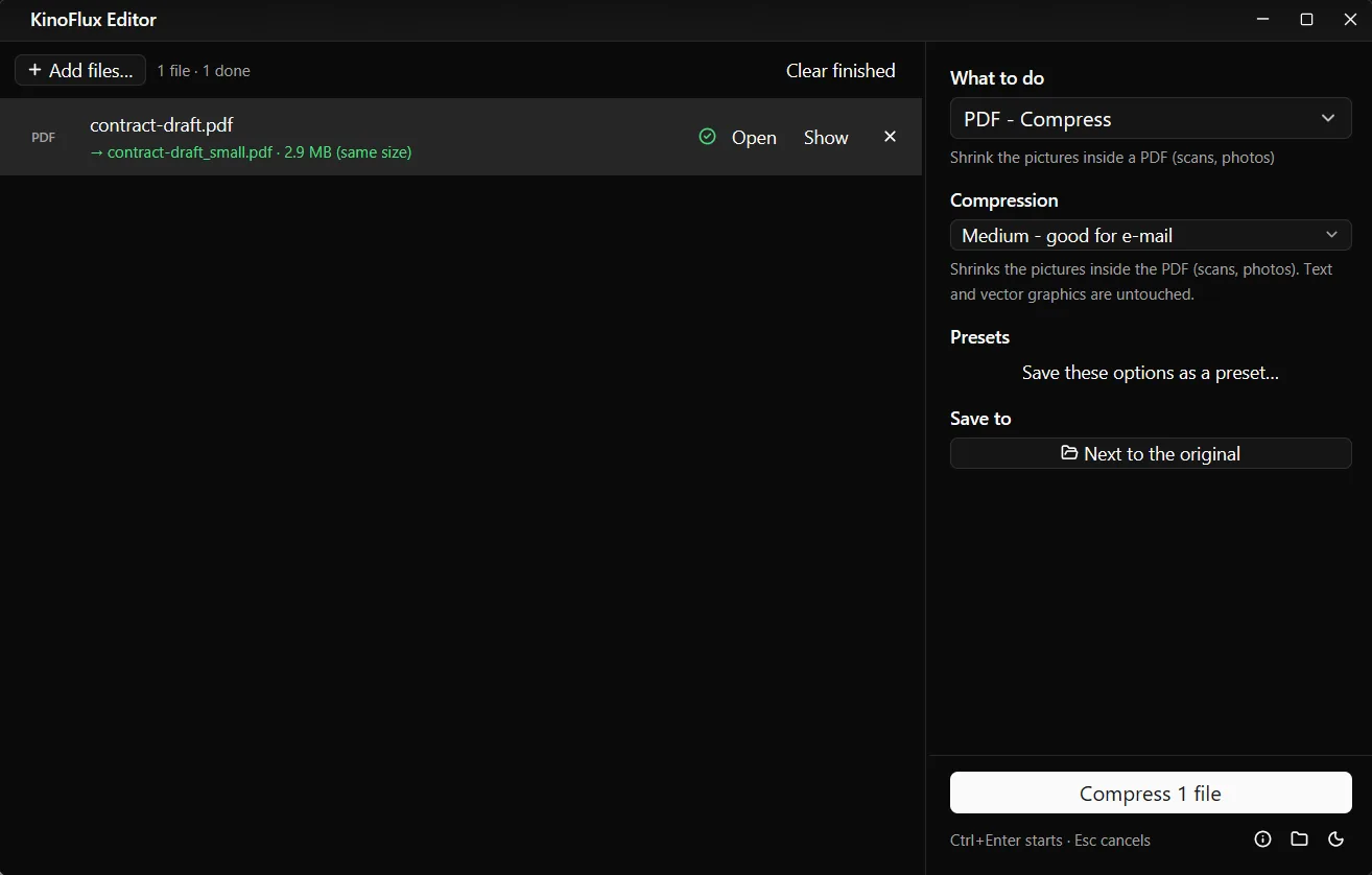 The result list showing contract-draft_small.pdf at 2.9 MB, marked same size.