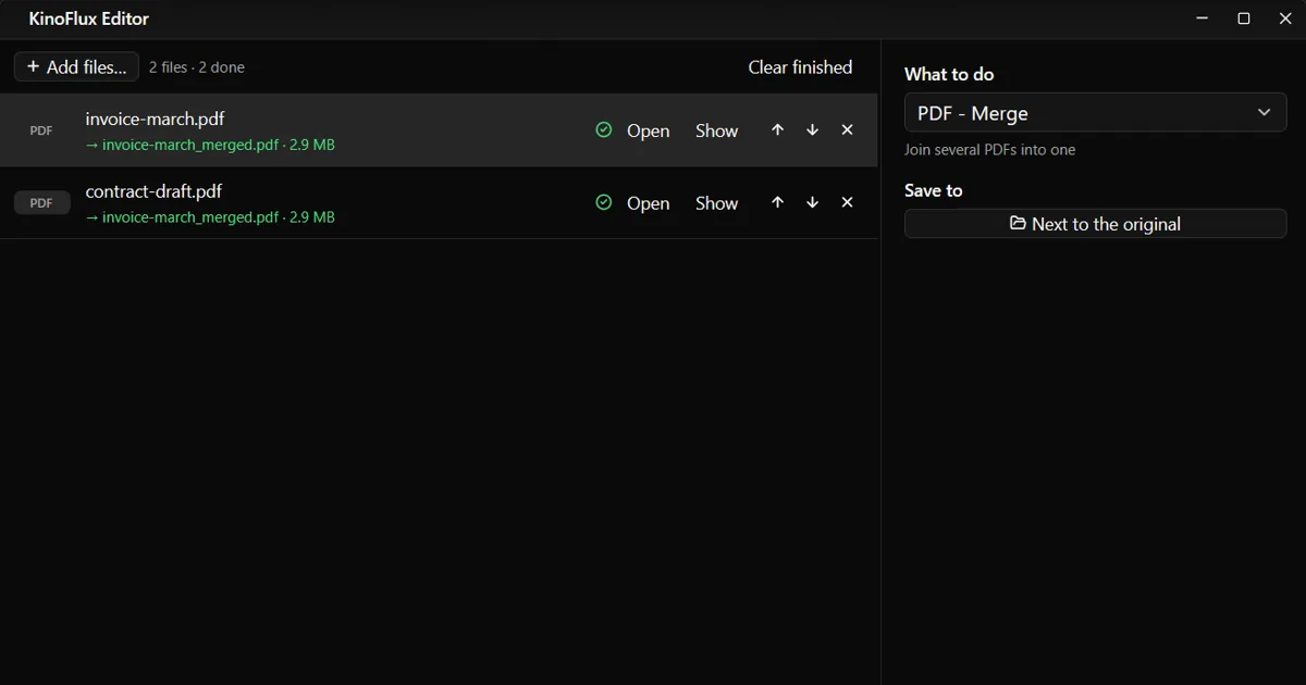 Merge, split and compress PDFs offline with KinoFlux Editor