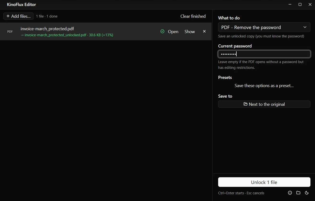 PDF - Remove the password after the run: invoice-march_protected.pdf turned into invoice-march_protected_unlocked.pdf.