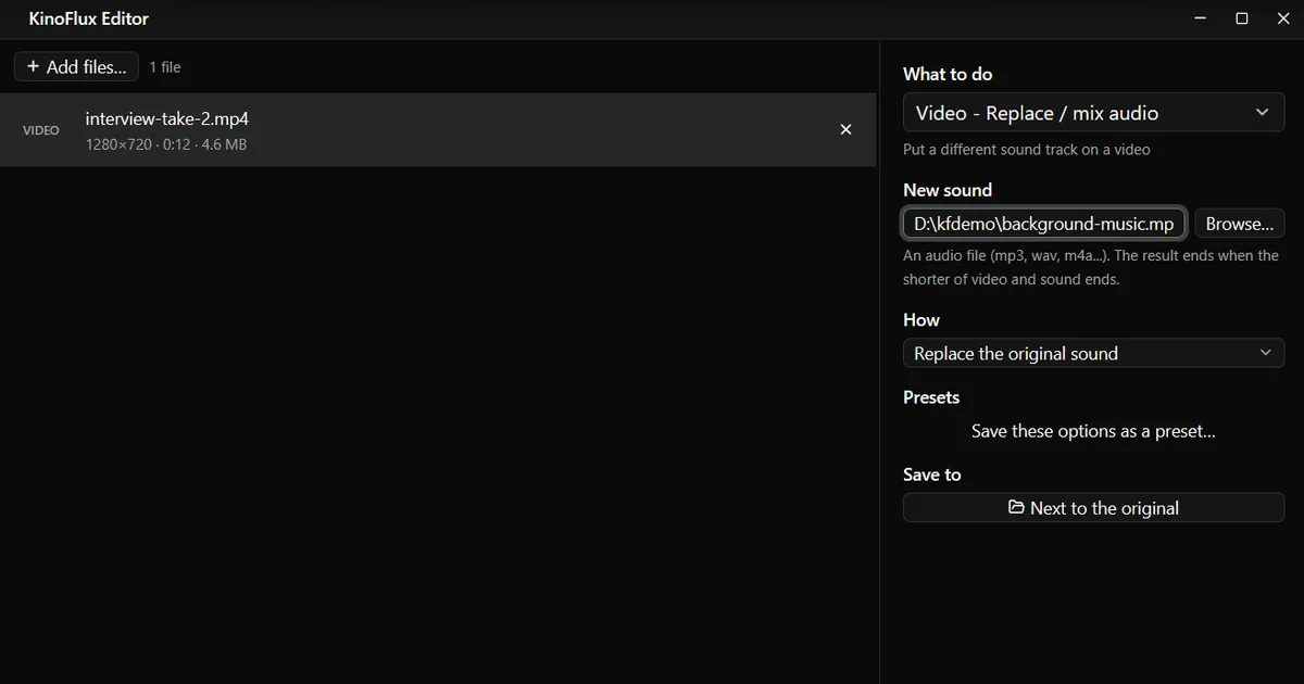 Mute a video, or swap its sound for music