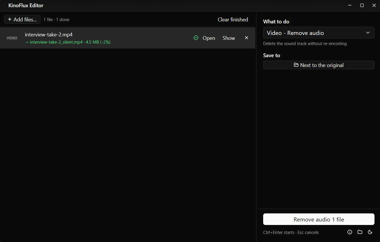 Video - Remove audio after the run: interview-take-2_silent.mp4 at 4.5 MB.