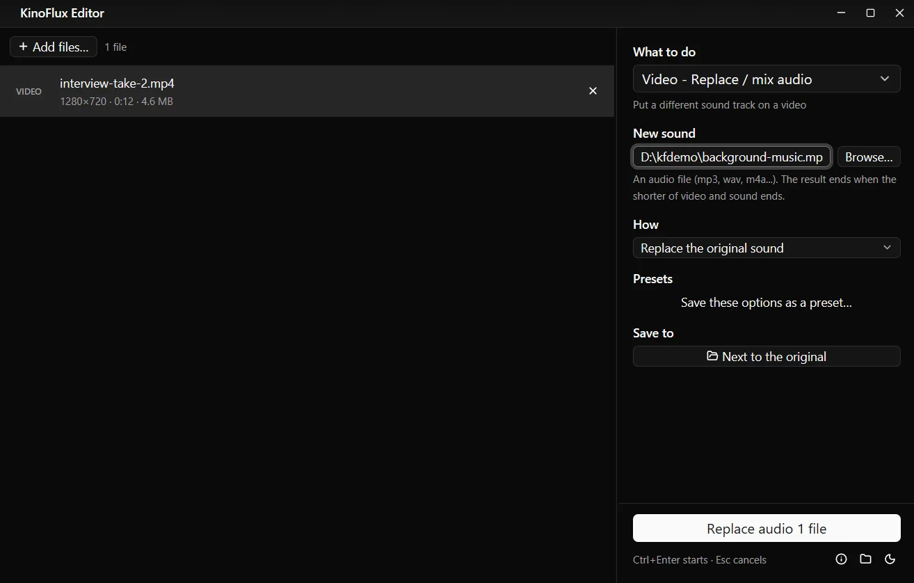 Video - Replace / mix audio with background-music.mp3 chosen as the new sound and How set to Replace the original sound.