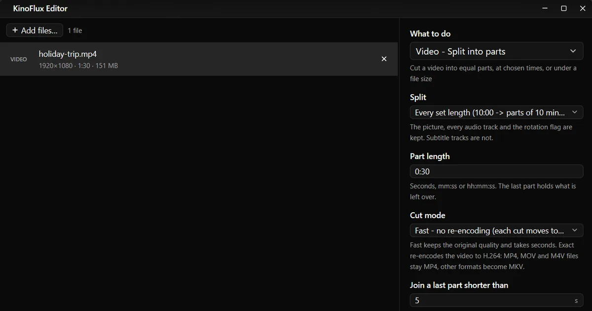 Split a video into parts by length, count or file size
