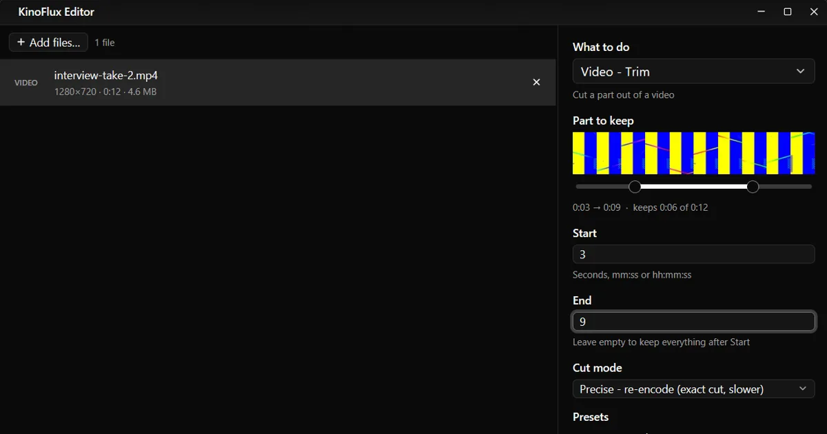 Trim a video without re-encoding, and when to use the precise cut instead