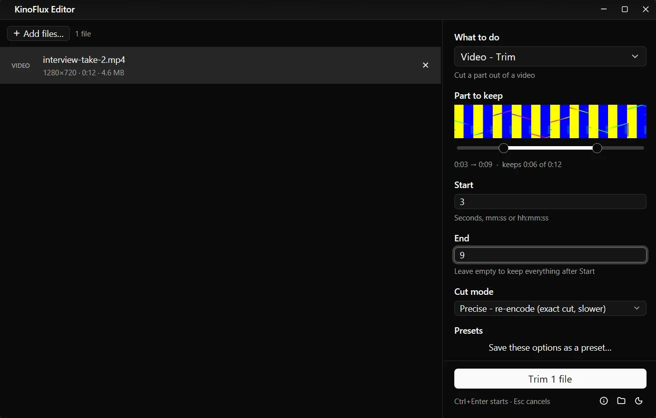 The Video - Trim panel for interview-take-2.mp4 with Start 3 and End 9. The label under the slider reads 0:03 to 0:09, keeps 0:06 of 0:12. Cut mode is set to Precise.