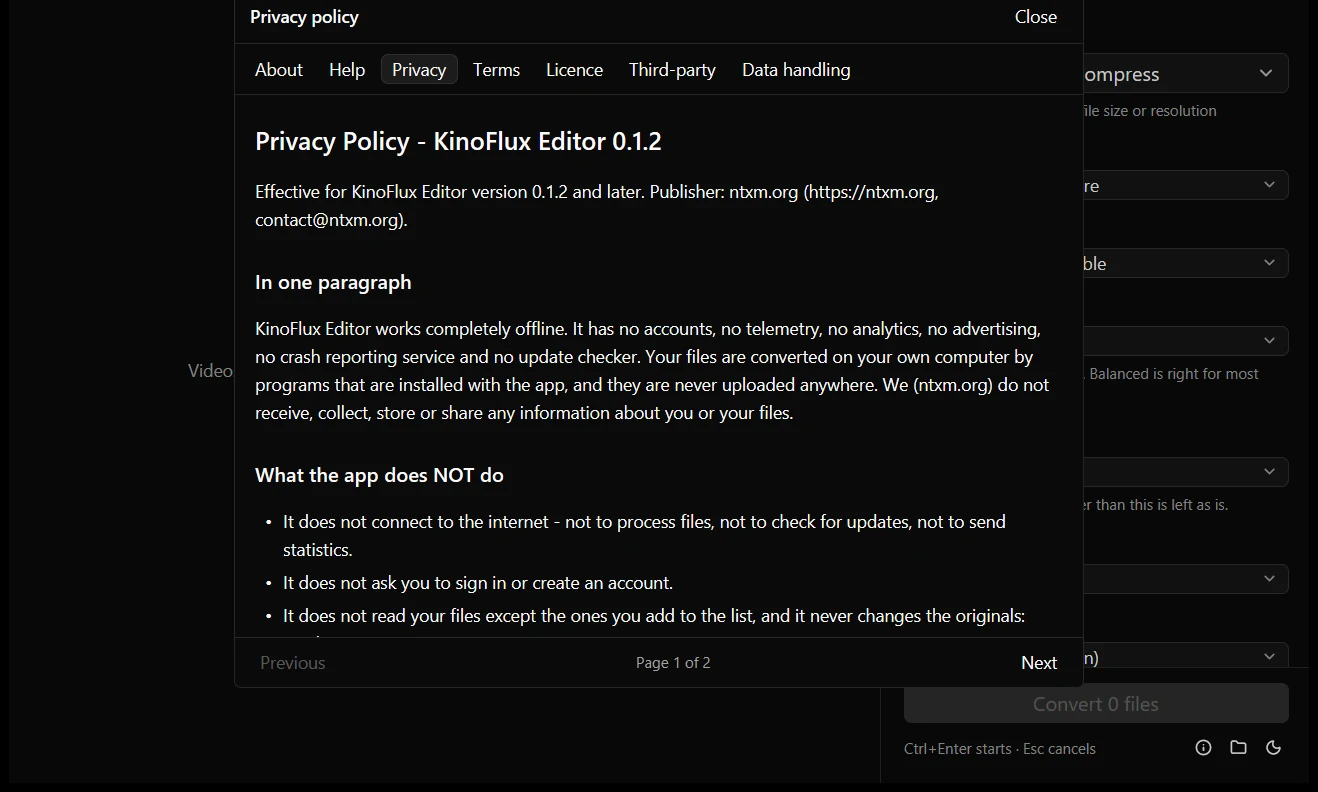 The privacy policy page inside KinoFlux Editor, showing the heading and the first paragraph about working completely offline.