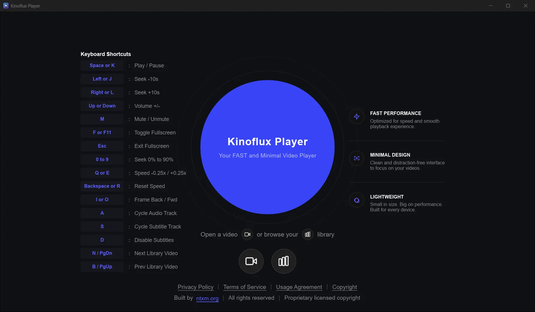 KinoFlux Player home screen with recent videos and quick actions