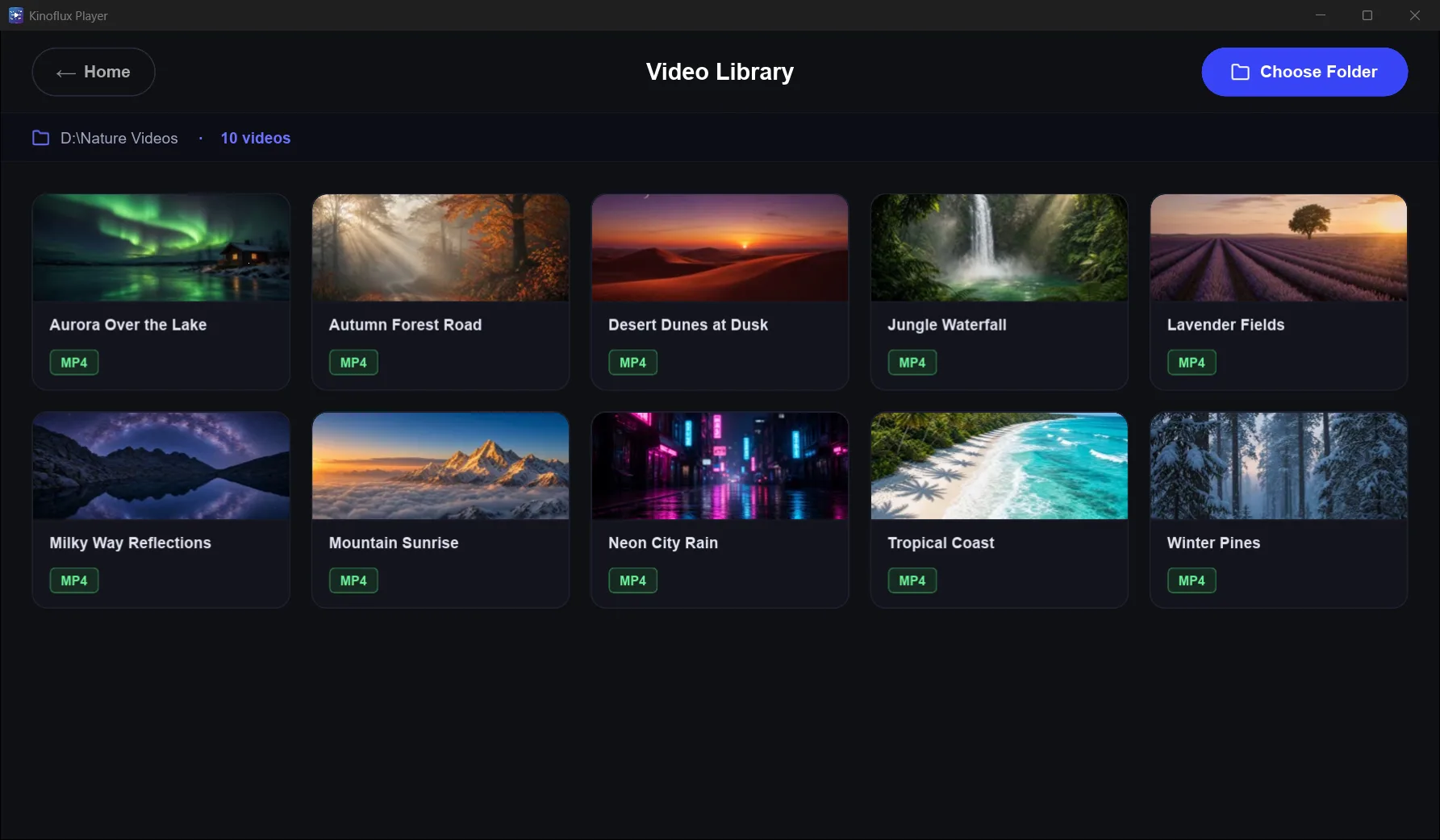 KinoFlux Player library view listing local video files