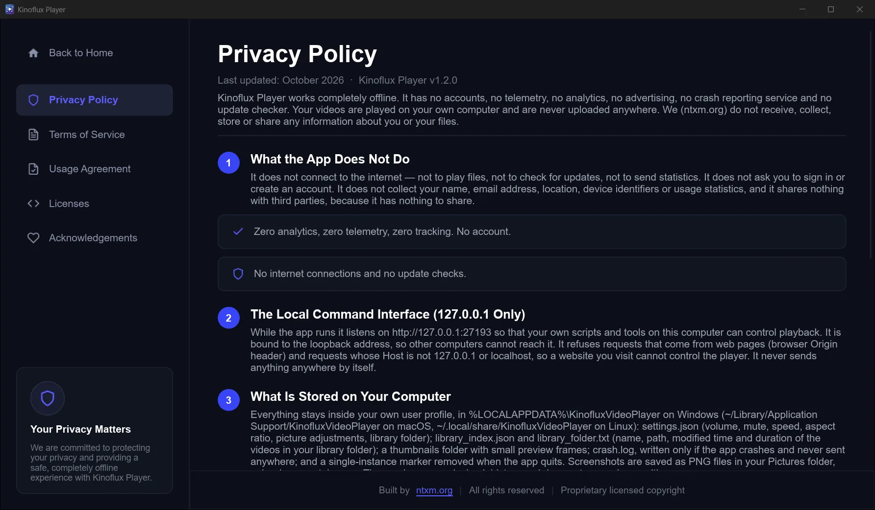 KinoFlux Player privacy settings confirming local-only use