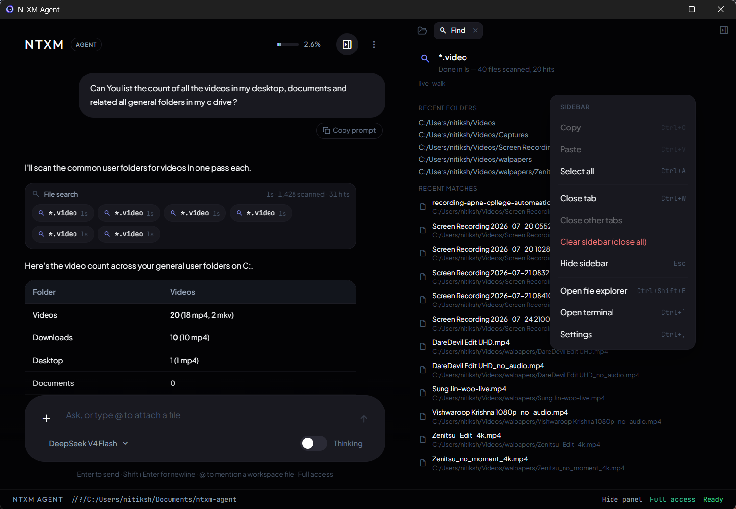 NTXM Agent filesystem and search activity